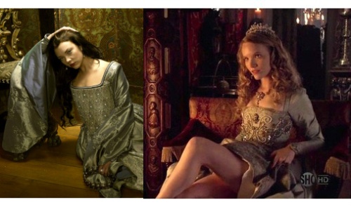 Above: The Tudors – glamorised, modernised and hyper-sexualised – depicts both Anne Boleyn (left) and Katherine Howard (right) as experienced seductresses.